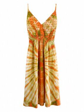 Tie-Dye Sleeveless Sundress With Smocked Waist & Eyelet Details Orange & Green S